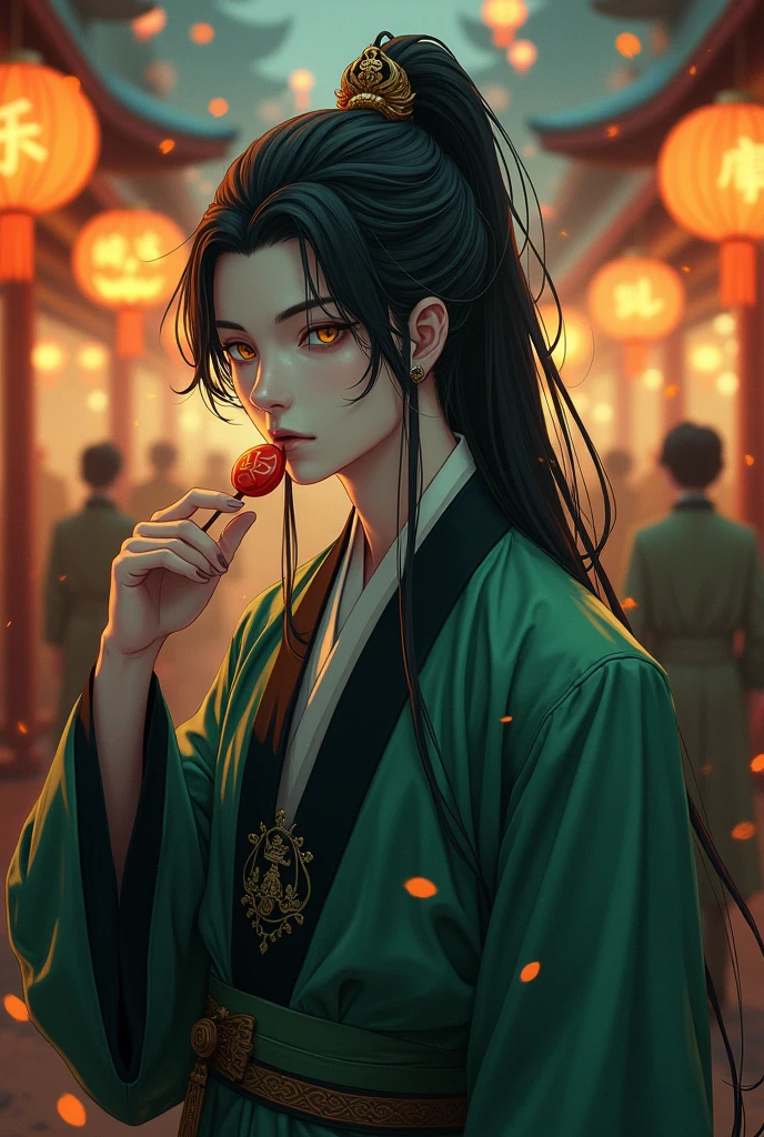 A very handsome male teenager he is wearing a very handsome and macabre qing dynasty hanfu he wears a mandarin hat that has a paper talisman hanging from it his skin is greenish white yellow eyes he has long hair like a very long ponytail he is at a Halloween party eating a Halloween candy the image has to be in hot anime