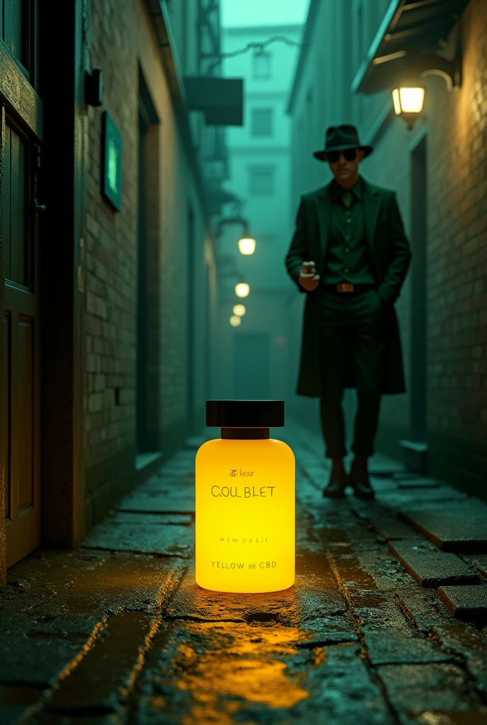 Jaune de cbd 3D dans une ruelle sombre, en arrières plan a droite un homme chapeaux noir lunette de soleil noir smoking vert, en arrières plan version dark urban
