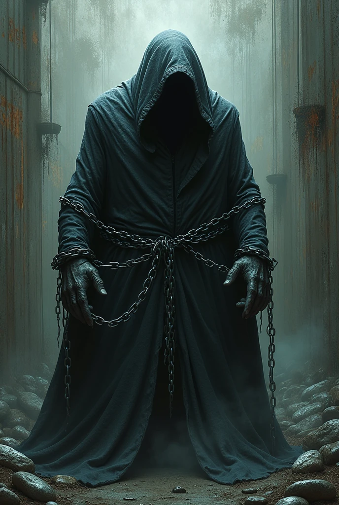 Create a backgroundless image with the phrase "YE", chrome and melting as title.
And put a strong and dark being, chained and with a dirty Masc sky running.
And a warning from "danger do not open"