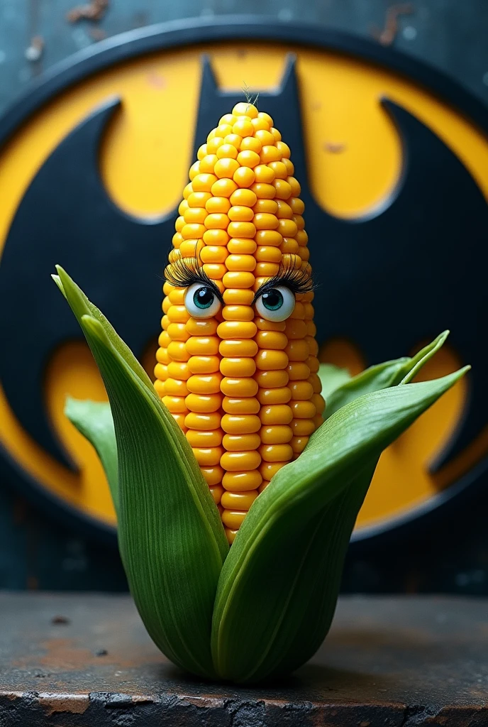 A corn with eyelashes and a batman logo in the background