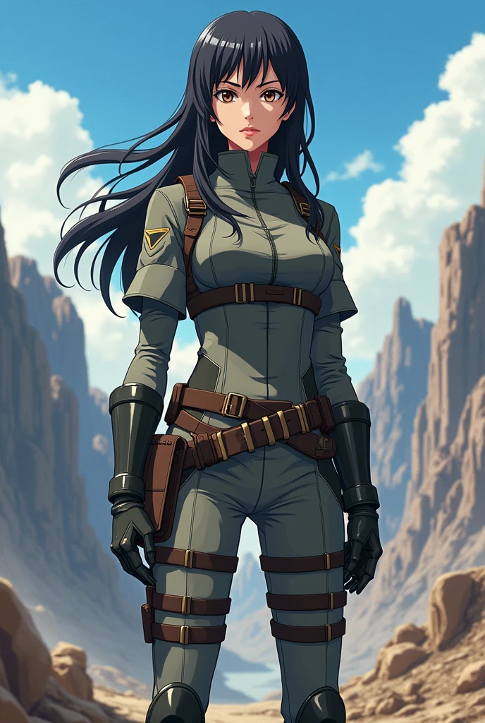 Create an image of an ideal woman for Levi Ackerman from 'Shingeki no Kyojin', taking into account their physical characteristics and personality. Women should be athletic, active and independent, like Levi. Your height should be approximately 1,60 m, with dark skin and long black hair. Your face should be delicate, with hazel eyes.
For the outfit, You must use exactly the same uniform of the Shingeki no Kyojin Scout Legion, like Levi. Create a detailed and anime-like image, in the style of MAPPA in the anime 'Shingeki no Kyojin'.