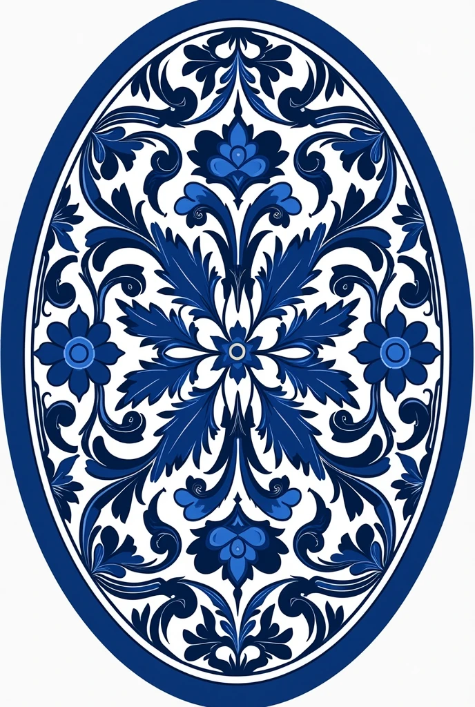 Hello, could you create an oval Talavera-style poster illustrated only with white and royal blue?