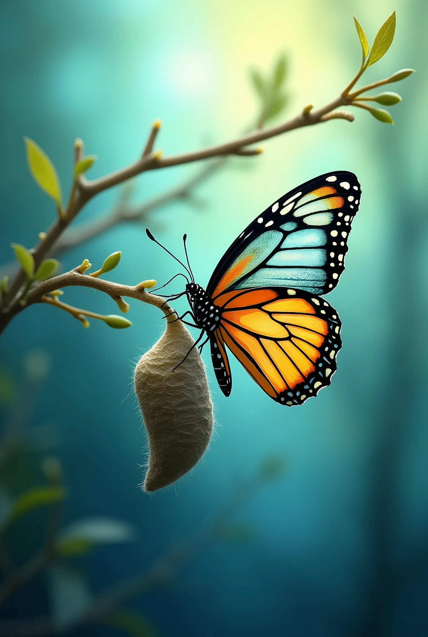 Create an inspiring eBook cover image featuring a vibrant butterfly emerging from a cocoon. The background should be smooth and ethereal, with shades of blue and green, symbolizing transformation and renewal. The butterfly must be detailed and colorful., representing metamorphosis and personal growth.