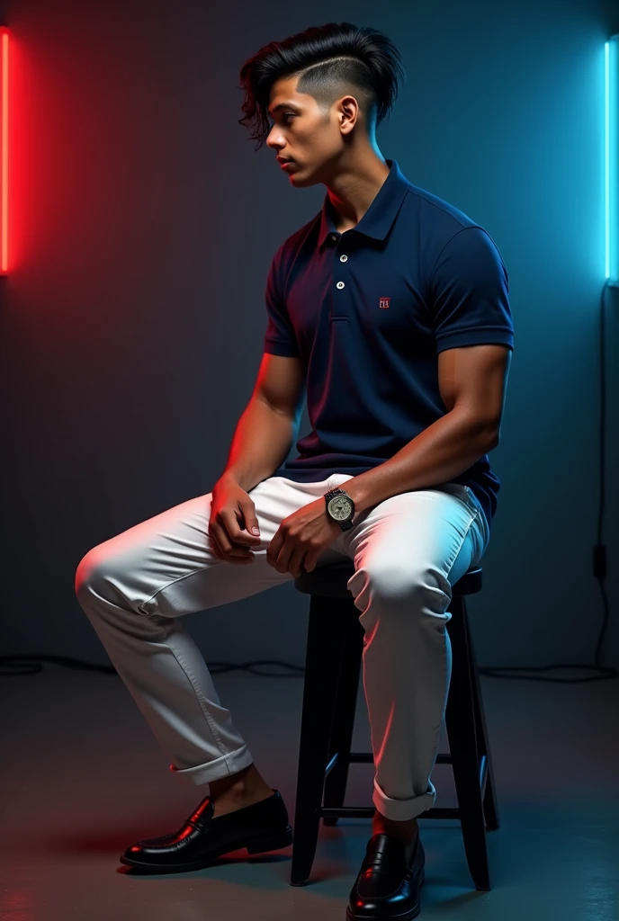A  tan  boy with muscles and black wave hair with low fade cut on it and wearing a navy blue polo t shirt, white color long trouser, black loafers, old watch and sitting on black stool and black background with around red and blue light  and the boy turning right side 

