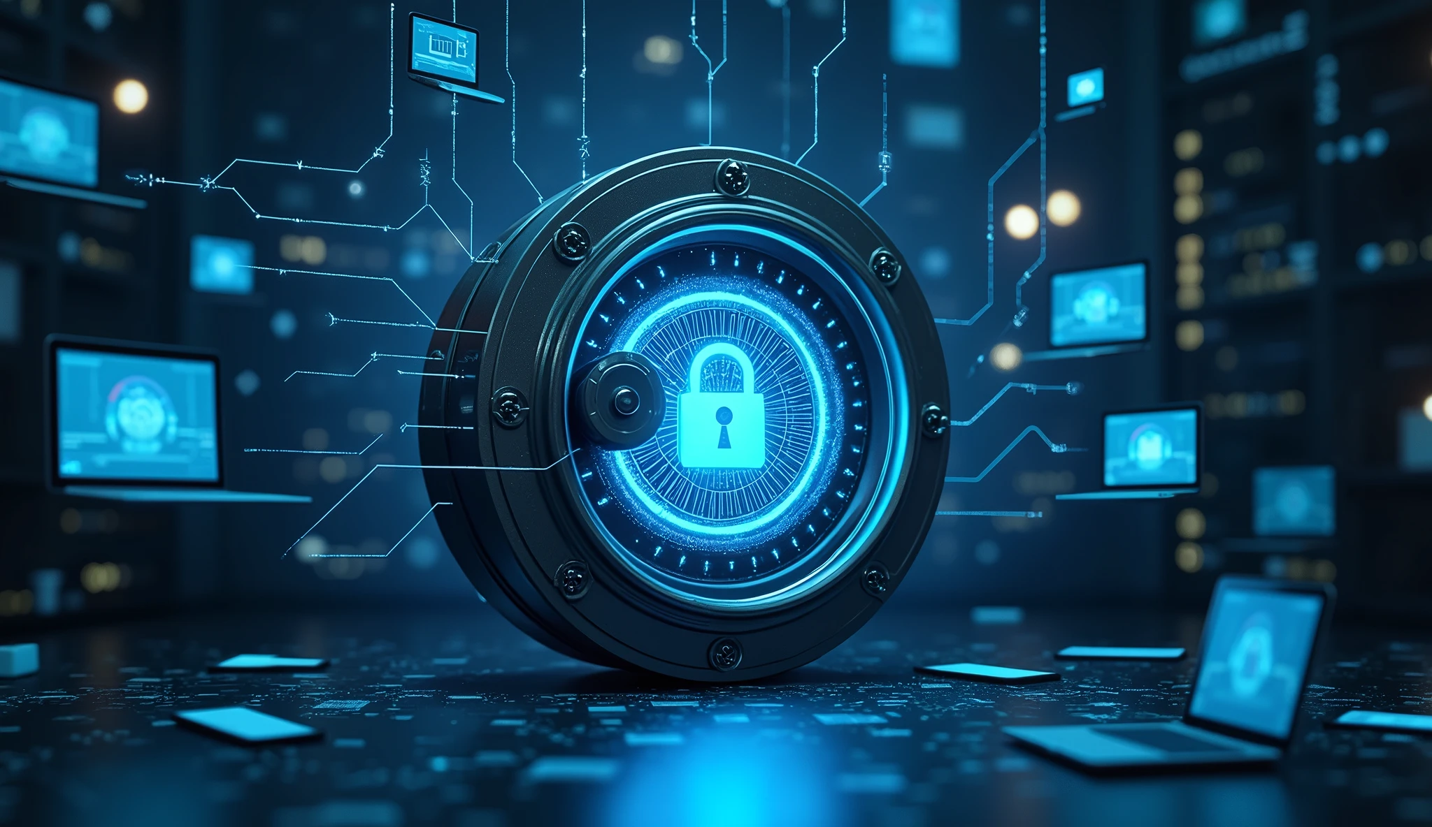 A futuristic, glowing vault with a digital lock mechanism protecting sensitive data streams, surrounded by networks of floating devices like phones, laptops, and servers.