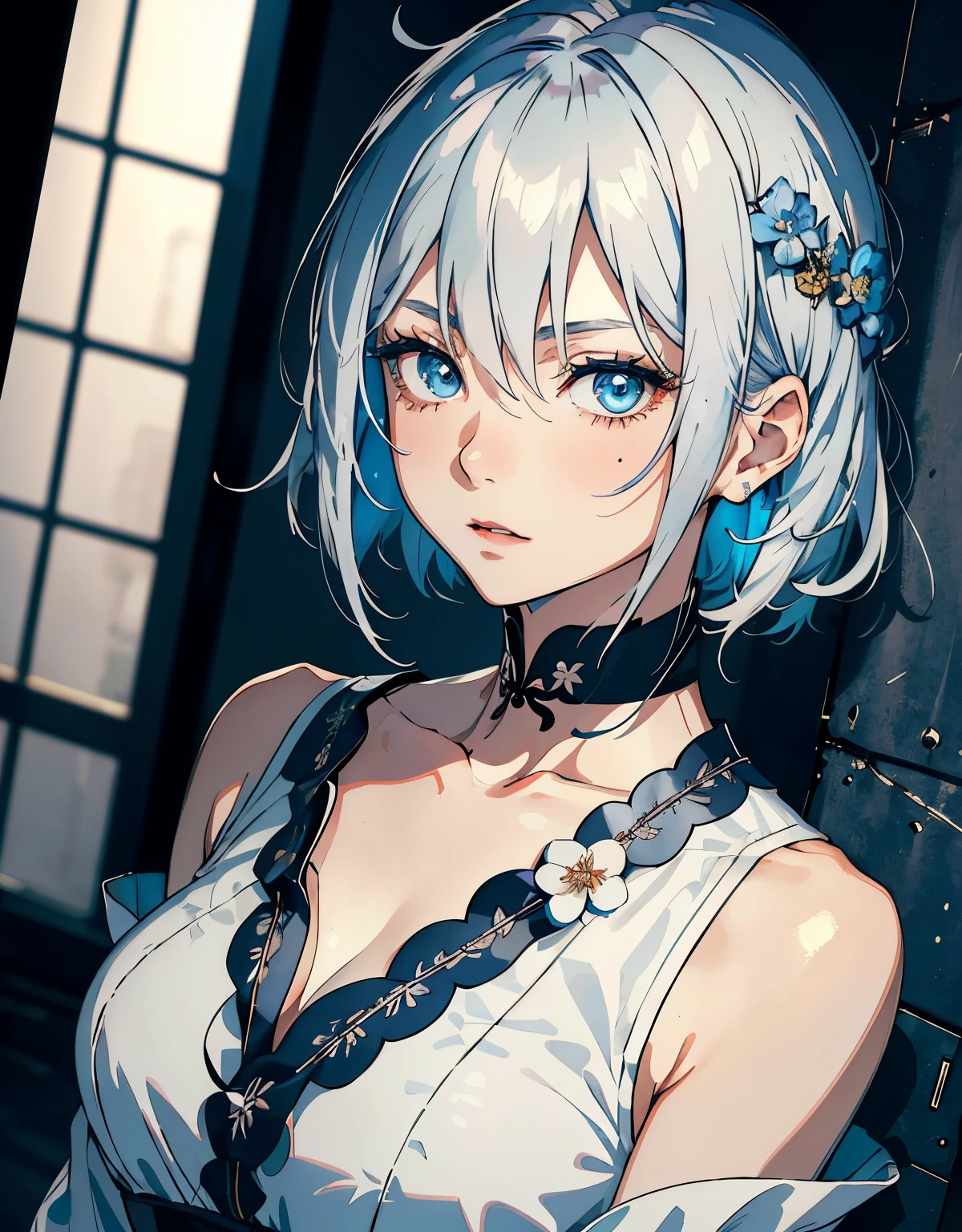 ((masterpiece, best quality)), (1girl, anime girl in dark prison, she is a maiden),(mature), (solo), (female focus), (silver hair, messy hair),blue eyes, ((chinese qipao, collarbone)), pale skin, divine, vicious, portraits, close up, upper body, vibrant colors, soft lighting