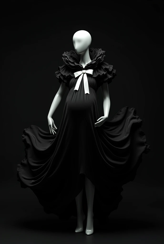 pregnent woman mannequin without hand there is a black dress with a white bow on it, flowing fabric, black  color aesthetic, flowing realistic fabric, black  clothes, a still of an ethereal, black  color, beautiful flowing fabric, slow motion fashion, white and black clothing, frilled blooming collar, frill, flowing dress, inspired by Hedi Xandt
