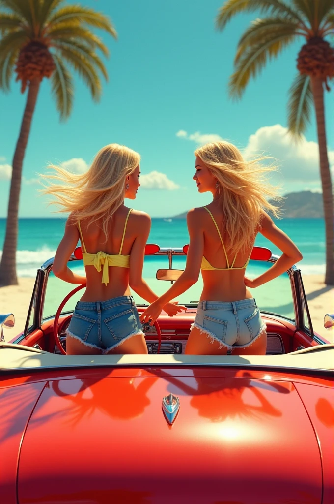 Two blonde girls on a red convertible car, giving their backs and dancing having fun in a Los Angeles beach with palm trees and a retro style