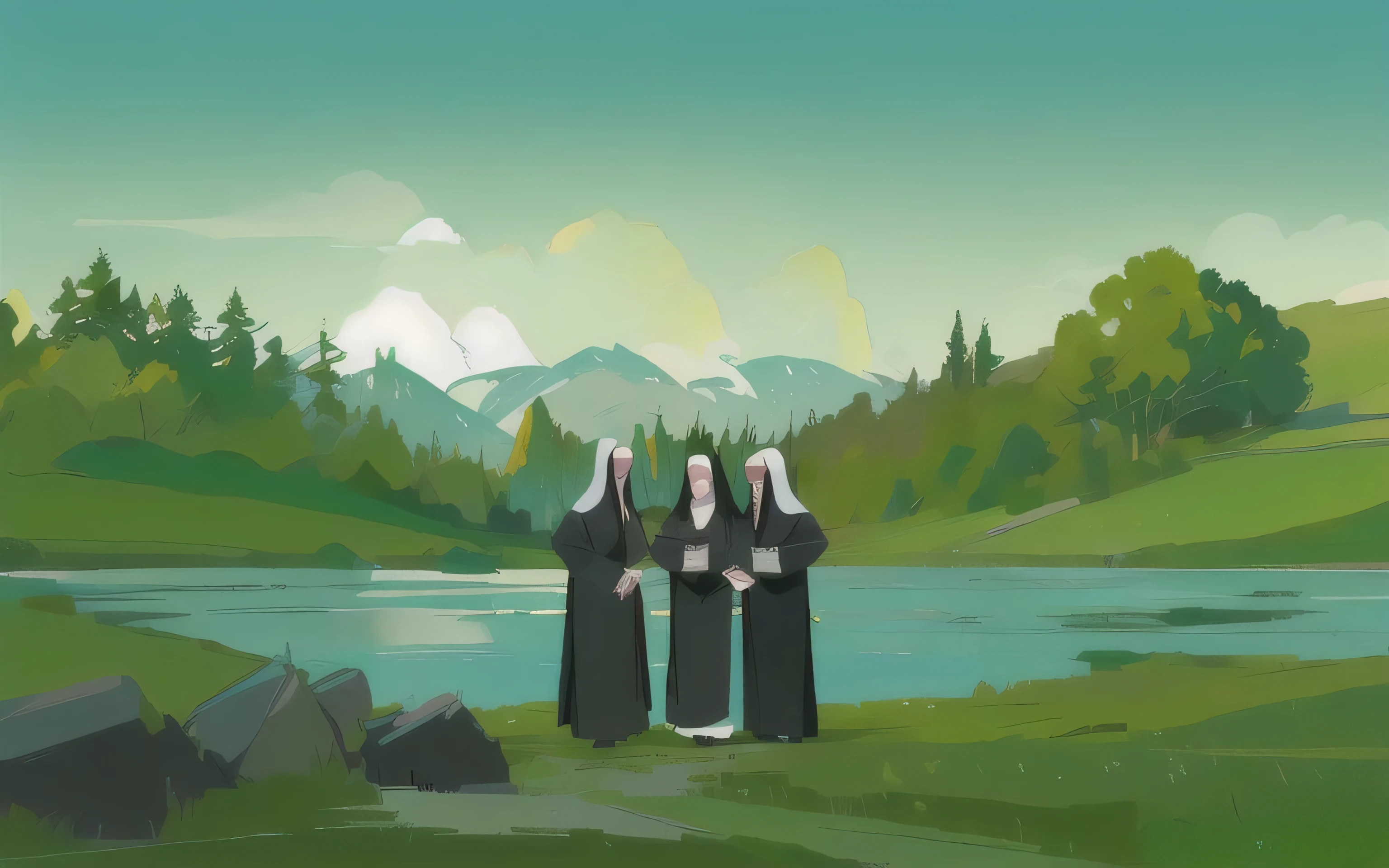 three brakes in a field and a half, three nuns, three women from the church, nature and a lake, drawing style, cartoon style.