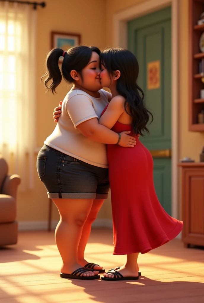 Create Disney Pixar Image, two friends hugging, 3d tight hug one with chubby body, brunette skin, black short hair, white blouse and black denim shorts, flip flop, relogio no pulso, And the other woman, skinny body, Caucasian skin, hair long black, Eyeglasses, redgown, black high sandals, Bracelet & Watch