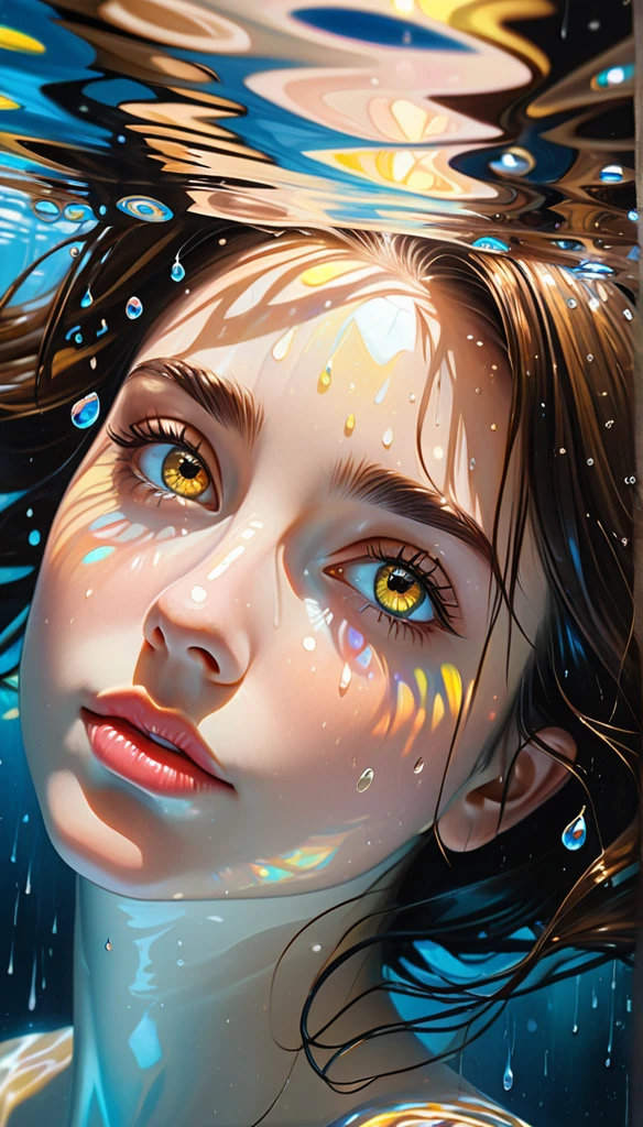 Brunette girl swims underwater,hyper detailed rendering style,glow,yellow,blue,brush,surreal oil painting,bright brown eyes,head closeup,exaggerated perspective,Tyndall effect,raindrops,Mother-of-pearl iridescence,holographic white,Black background,
