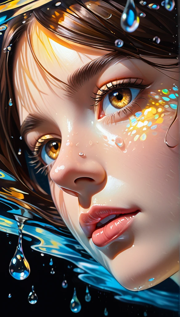 Brunette girl swims underwater,hyper detailed rendering style,glow,yellow,blue,brush,surreal oil painting,bright brown eyes,head closeup,exaggerated perspective,Tyndall effect,raindrops,Mother-of-pearl iridescence,holographic white,Black background,