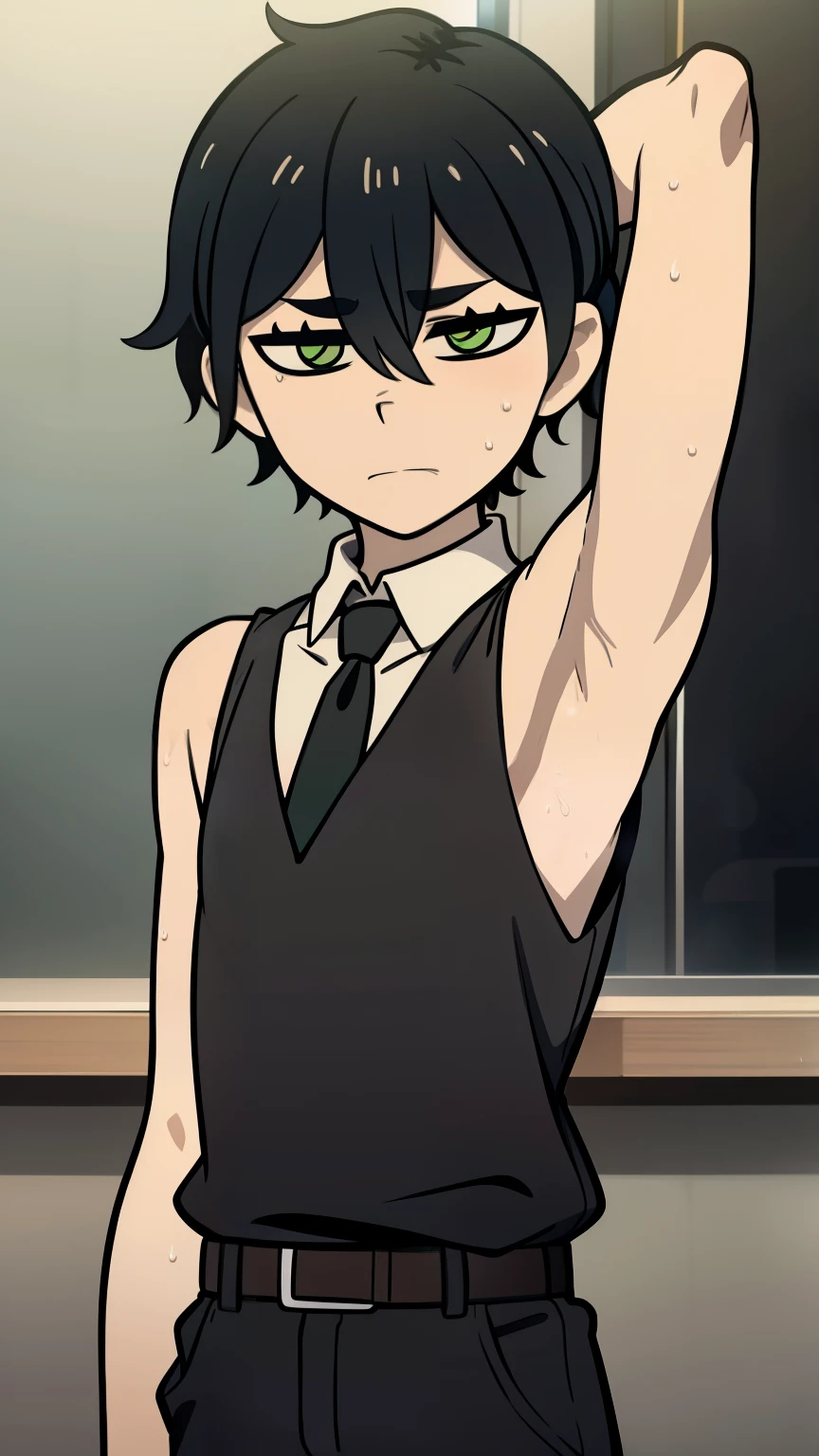 Highres, Masterpiece, Best quality at best,Best Quality,hight quality, hight detailed, Anime style, 1boy, Shota, young boy, Solo person, Young andy graves, hair between eyes, closed mouth,black hair, green eyes, Slim body, messy hair, bright pupils, look at viewer,Sleeveless vest, Bare shoulder, Tie, belt, waiter, cafe, Flat chest, upper body, simple beckground, (Showing armpit:1.3), (very young boy), (very small and short body), simple beckground, hansome boy, Uhd, bokeh, sweat