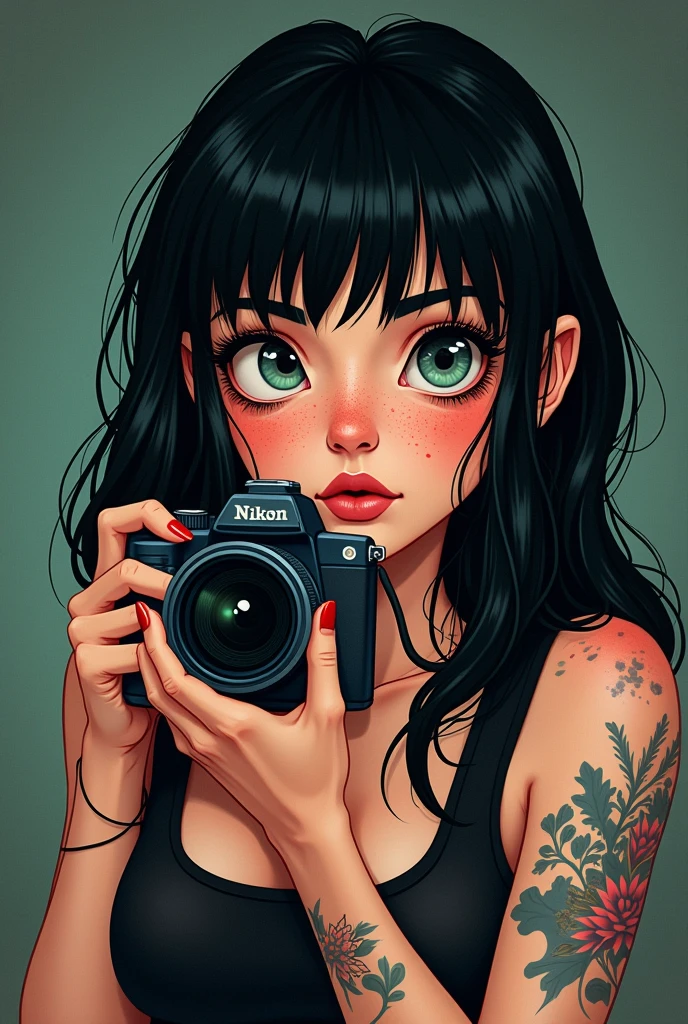 A Woman Photographer, Caucasian skin, rounder, fuller face, tattoo on arm, freckles, scary black hair with bangs . Cartoon