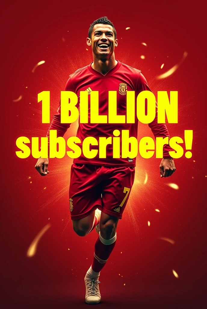 Design a dynamic and eye-catching YouTube thumbnail for Cristiano Ronaldo's channel. The thumbnail should feature Cristiano Ronaldo prominently in an energetic pose or celebrating. Include bold text stating '1 Billion Subscribers!' in a large, vibrant font. Use a color scheme that complements Ronaldo's branding, such as red and gold, and incorporate elements like confetti or fireworks to convey celebration. Ensure the design is clear, attention-grabbing, and visually appealing."