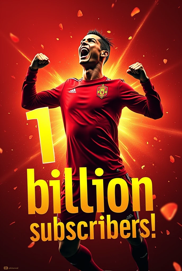 Design a dynamic and eye-catching YouTube thumbnail for Cristiano Ronaldo's channel. The thumbnail should feature Cristiano Ronaldo prominently in an energetic pose or celebrating. Include bold text stating '1 Billion Subscribers!' in a large, vibrant font. Use a color scheme that complements Ronaldo's branding, such as red and gold, and incorporate elements like confetti or fireworks to convey celebration. Ensure the design is clear, attention-grabbing, and visually appealing."