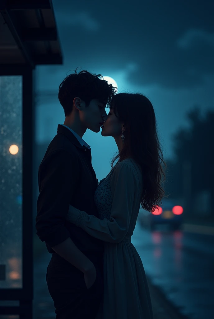 The boy and girl kissing each other in the night at the bus