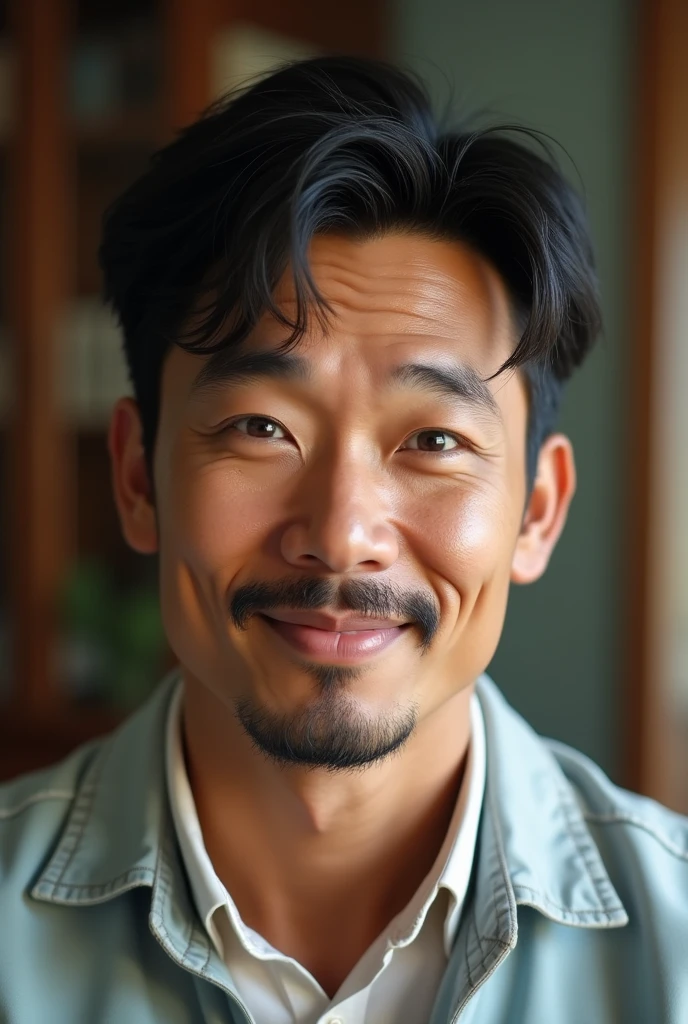 Asian man. Handsome, husband and father. Full lips, straight nose, and a finely shaved beard and mustache. Light blue eyes and messy and middle lenght black hair.