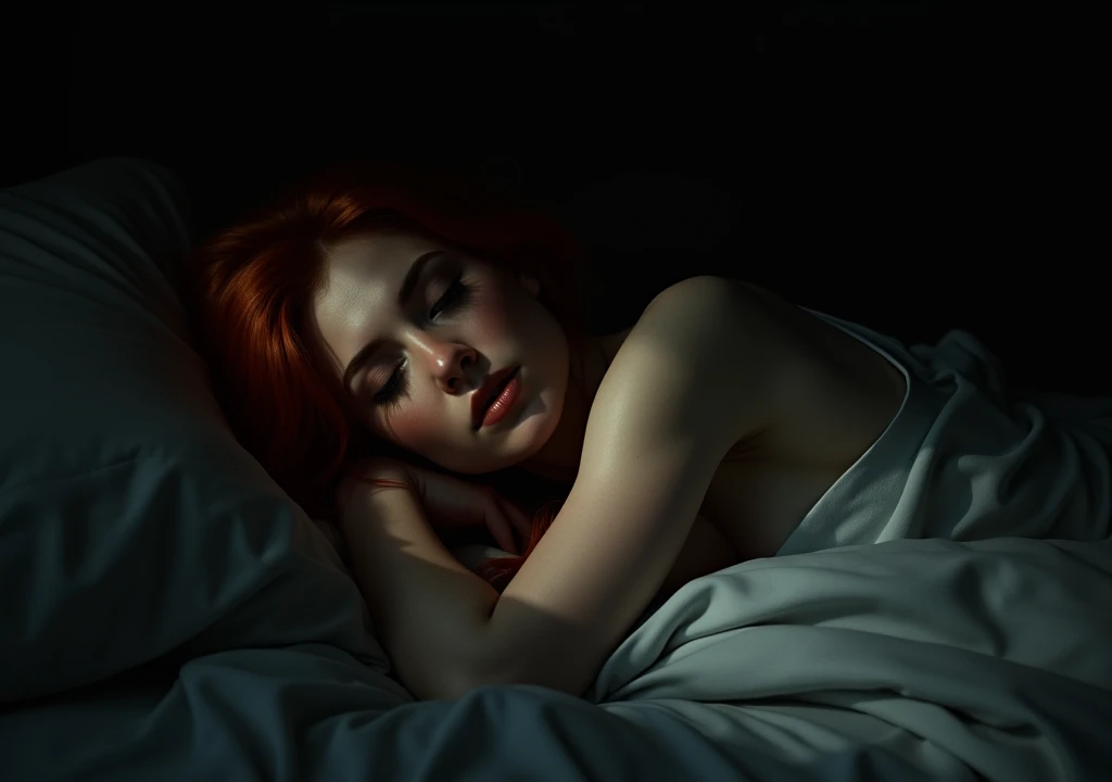 Redhead woman waking up in a place full of shadows with a dark background