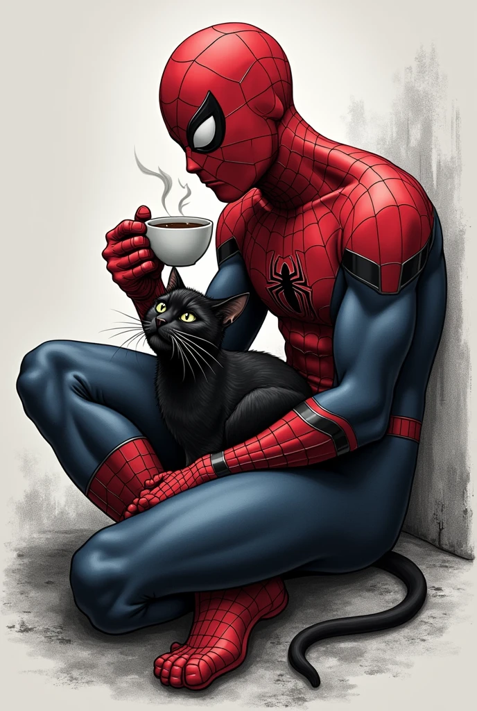 Recreate Spiderman holding a cup of coffee and playing with a black cat for a grayscale tattoo