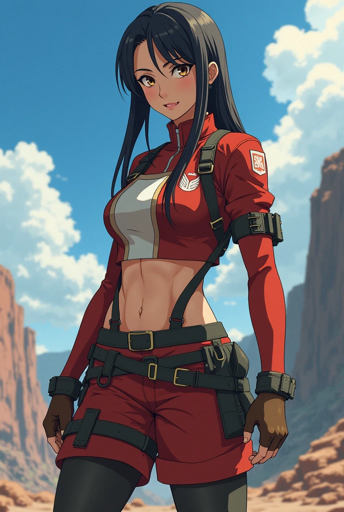 Create an image of an ideal woman for Levi Ackerman from &#39;Shingeki no Kyojin&#39;, taking into account their physical characteristics and personality. Women should be athletic, active and independent, like Levi. Your height should be approximately 1,60 m, with dark skin and long black hair. Your face should be delicate, with hazel eyes.

For the outfit, You must use exactly the same uniform of the Shingeki no Kyojin Scout Legion, like Levi. Create a detailed and anime-like image, in the style of MAPPA in the anime &#39;Shingeki no Kyojin&#39;.