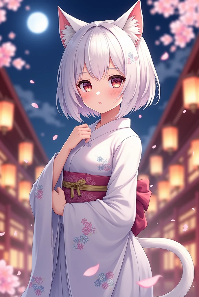 (photorealism:1.2), beautiful cat anime girl, with short white hair , wearing white kimono and background with moon festival