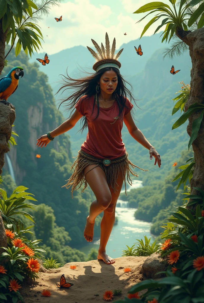 A beautiful Brazilian Indian, indigenous to the Americas and not African, characterized by simple clothing, an old reddish t-shirt for orange and not pink , face painted like an Indian and a headdress with only 3 feathers, beautiful worked legs, Very realistic, a little dirty with earth, with a very cute and passionate face and an athletic body, short young girl of about , with a blue macaw on a very high peak in the Amazon rainforest from where you can see the river and a waterfall, but the river must run on a plain, The woman must necessarily be facing forward and slightly crouched, performing an athletic movement dancing with butterflies and a little sweaty and standing out, although among tropical bushes of leaves and flowers..
