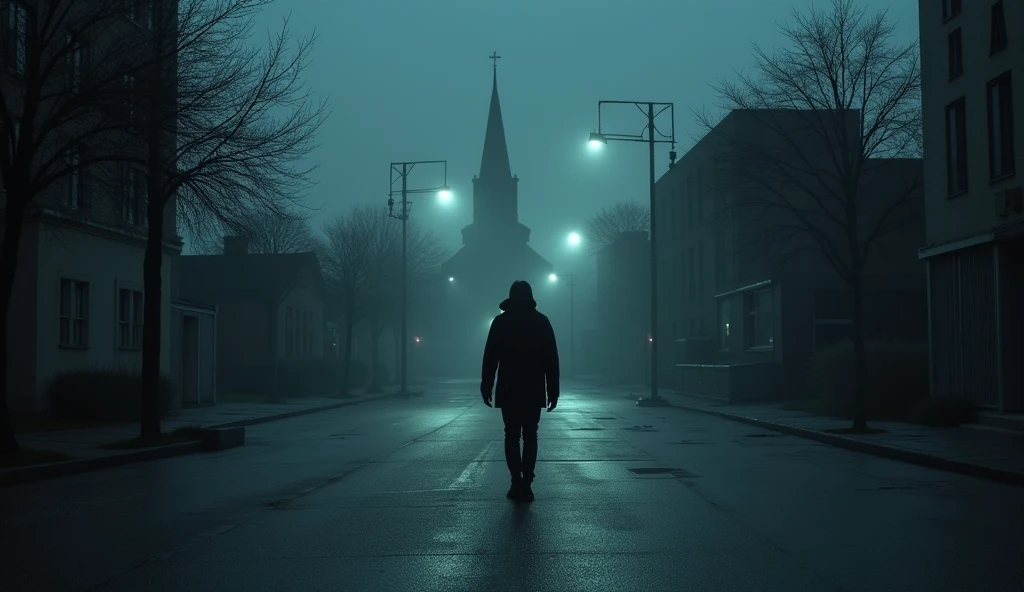 A person walking alone on a deserted street at night, lit only by distant streetlights. They look up at the sky, as if searching for answers. In the background, the silhouette of a church can be seen. The overall mood is somber, evoking a sense of isolation and uncertainty. {cinematic, dark and moody lighting, wide-angle shot, desolate urban setting, low saturation, reflective tone} (landscape)