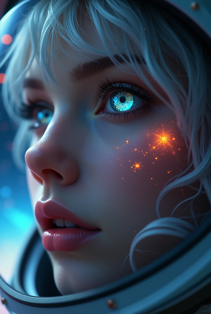 (Close-up of a better masterpiece:1.5)0.9], (Space and astronauts:1.2) (Messy silver hair:1.1) (Heterochromia xanthochromia and blue eyes:1.2) (Space Helmet:1.0) (Colored stars in the eyes:1.0) (A radiant glow:1.1) (thick lips:0.9)