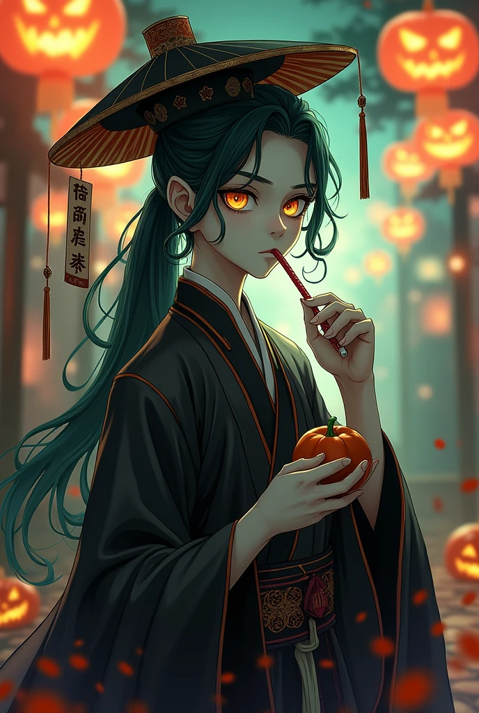 A very handsome male teenager he is wearing a very handsome and macabre Qing Dynasty hanfu he wears a Mandarin hat that has a paper talisman hanging from it his skin is greenish white yellow eyes he has long hair like a very long ponytail he is at a Halloween party eating Halloween candy the image has to be in anime