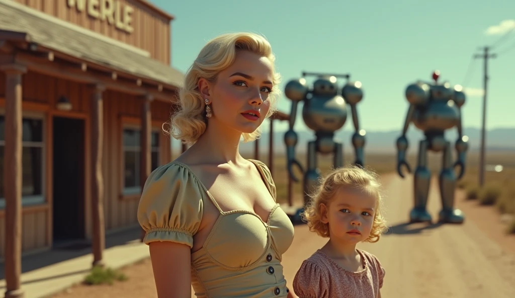 (Masterpiece.UHD.photorealistic analog photography. 1950 style) In a dystopian retro futuristic world. an ultra hot gorgeous European woman.age 23. 1960´s random hairstyle random hair color, voluptuous curvy figure, perfect round cleavage. Smiling Full lips. Round Baby face. Huge natural breasts (100 DD size). Wearing 40/50´s clothes. She’s a mom with her daughter (she looks worried). in front of an old west general store.1930 clunky war evil robots. early morning light.