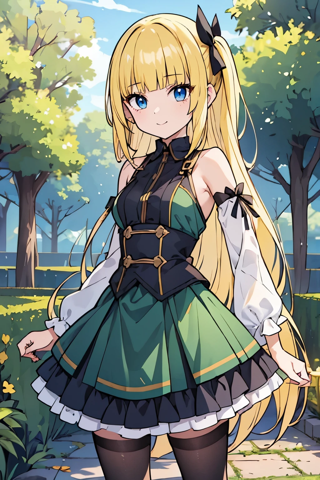 fairy_tail_style, Safe for work, solo girl, (young female body:1.4), (medium small breasts), golden yellow hair, extra long hair, extra long disheveled yellow hair, hime cut, light blue eyes, round eyes, cowboy shot, dynamic posing, medieval town background, standing beside fountain, cobble pathway , trees and bushes, dark green outfit, black details, green amd black griffin style dress, dark green dress, stockings, detached sleeves, black ribbons in hair, multiple layered skirt, ruffled black skirt, cut off sleeves