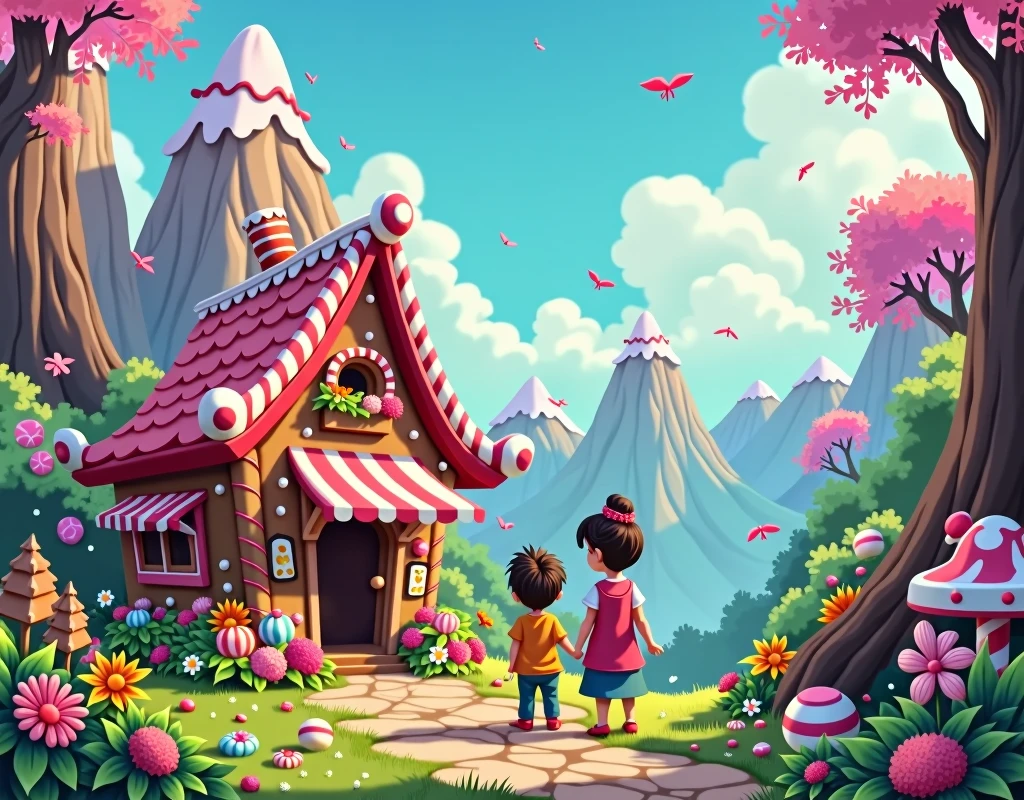 "Adventures of Aunty Connie and Luciano: The Candy Shack", childrens book, illustrated, fun, colorful, creative, ages 6-, woman and young boy infront of a cabin made of candy, in mountainous terrain.