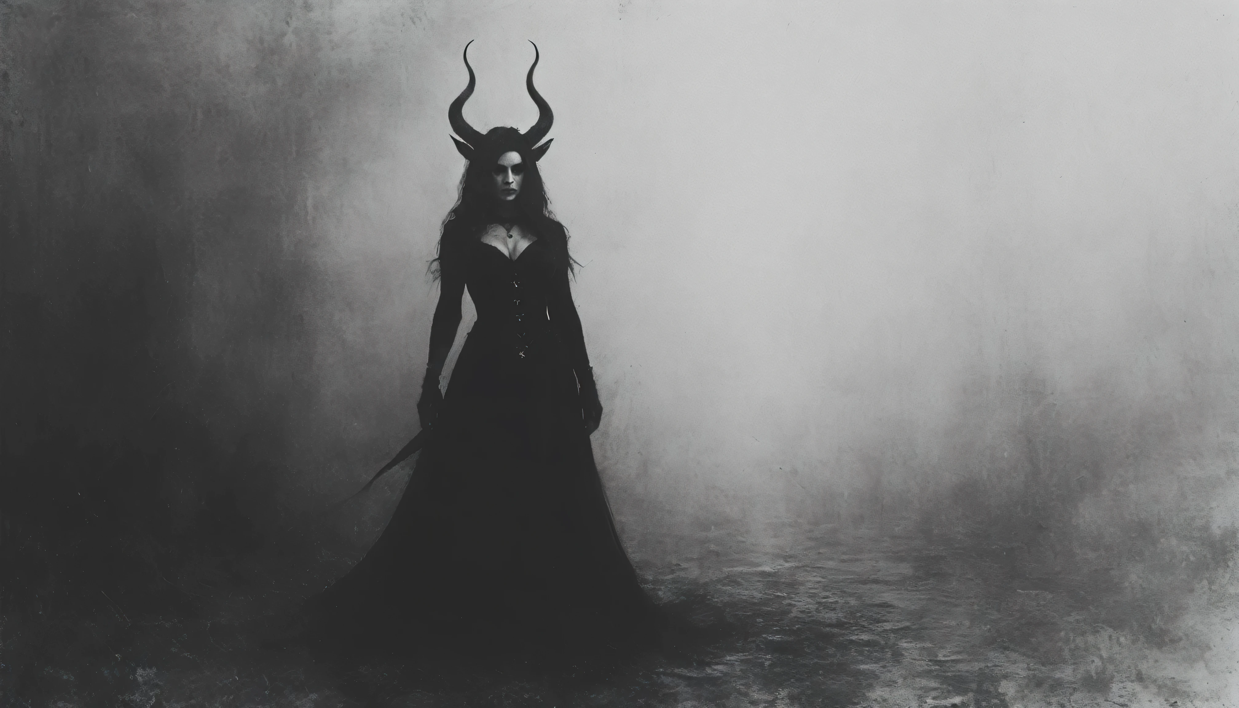 a painting of a holy succubus with horns, chiasmus, gloves, gothic dress, vampire the masquerade bloodlines, incredible art, gloomy background, nimbus, church ragged vestments, darksketch, close-up even more with a seductive stare.