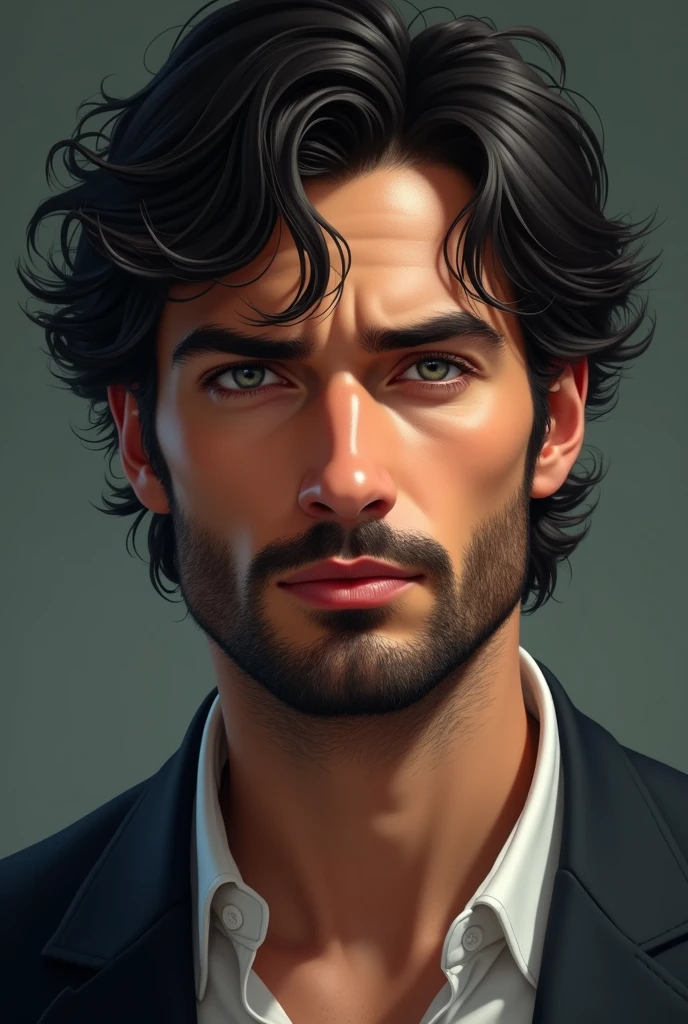 Italian. Handsome, husband and father. Full lips, straight nose, and a finely shaved beard and mustache. Light blue eyes and messy and middle lenght black hair.