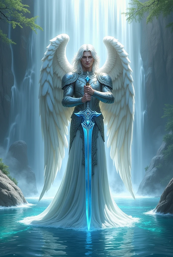 Male angel of the water element, with silver hair, armour, and sword