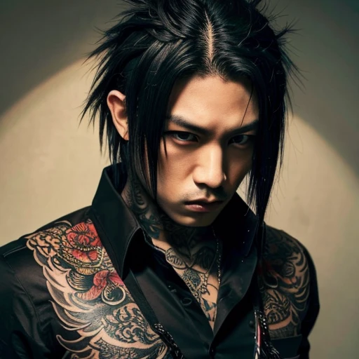 1 man, Japanese man, male, Asian eyes, muscular, broad shoulders, yakuza tattoos, hairstyle Visual Kei style, hair Visual Kei, black men's shirt and black pants, ultra detailed face, hyperrealistic, realistic representation, long hair, long hair, 30 years old, age 30 years, blonde hair, full body view 
