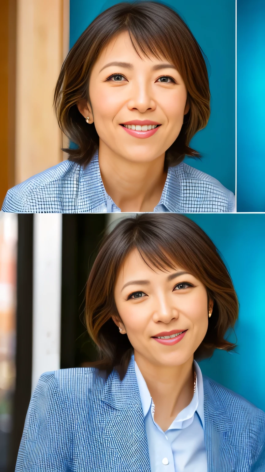 Browsing Caution, ((Highest quality)), ((8k)), ((masterpiece: 1.3)), (Perfect looks), (Photorealism: 1.6), 
(Woman in office), Japanese women, (40 years old), Married women, ((Realistic skin texture: 1.8)), 
(Fine wrinkles that appear all over the skin: 1.3), (Dullness: 1.1), (Unmoisturized skin: 1. 2）、（Facial wrinkles：0.9）、
（Wrinkles around the eyes：1.2）、double eyelid、Lower eyelid furrow、（Tears：0.9）、Eyes are looking at me、
Smile with your lips slightly open、（Dimples：1.2）、Gorgeous Short Haircuts、
（High quality fabric, Office Lady Suits:1.1）、（Cowboy Shot:1.4）、Leaning forward、
 (Front view)、