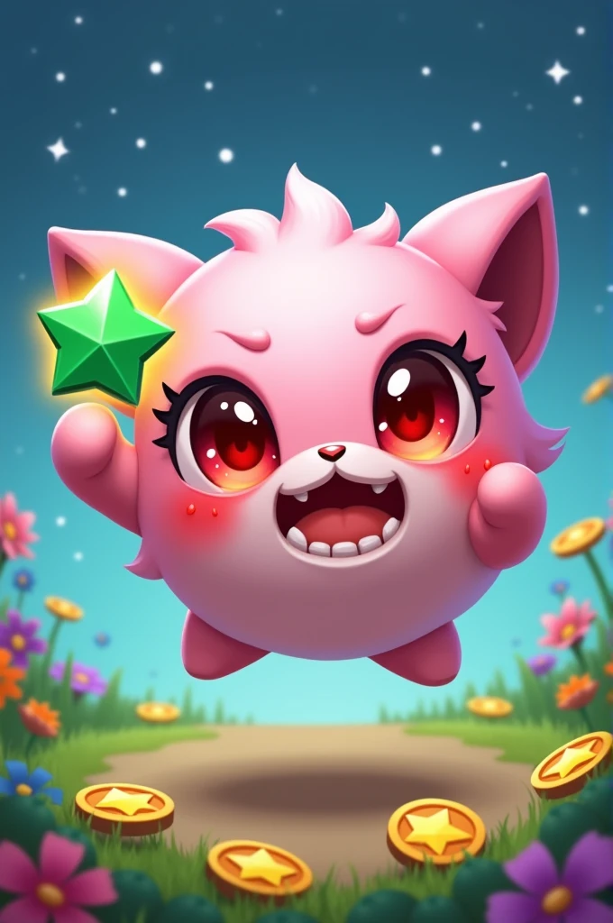 brawl stars, small pastel pink bristle, eyelashes, Big shiny red eyes with a star in the eye, angry expression, blushing, smiling with two fangs, blue background with stars, grass and flowers, In the grass put gold coins with a star inside the coin, victory pose with a green gem in hand, brawl stars, 2d