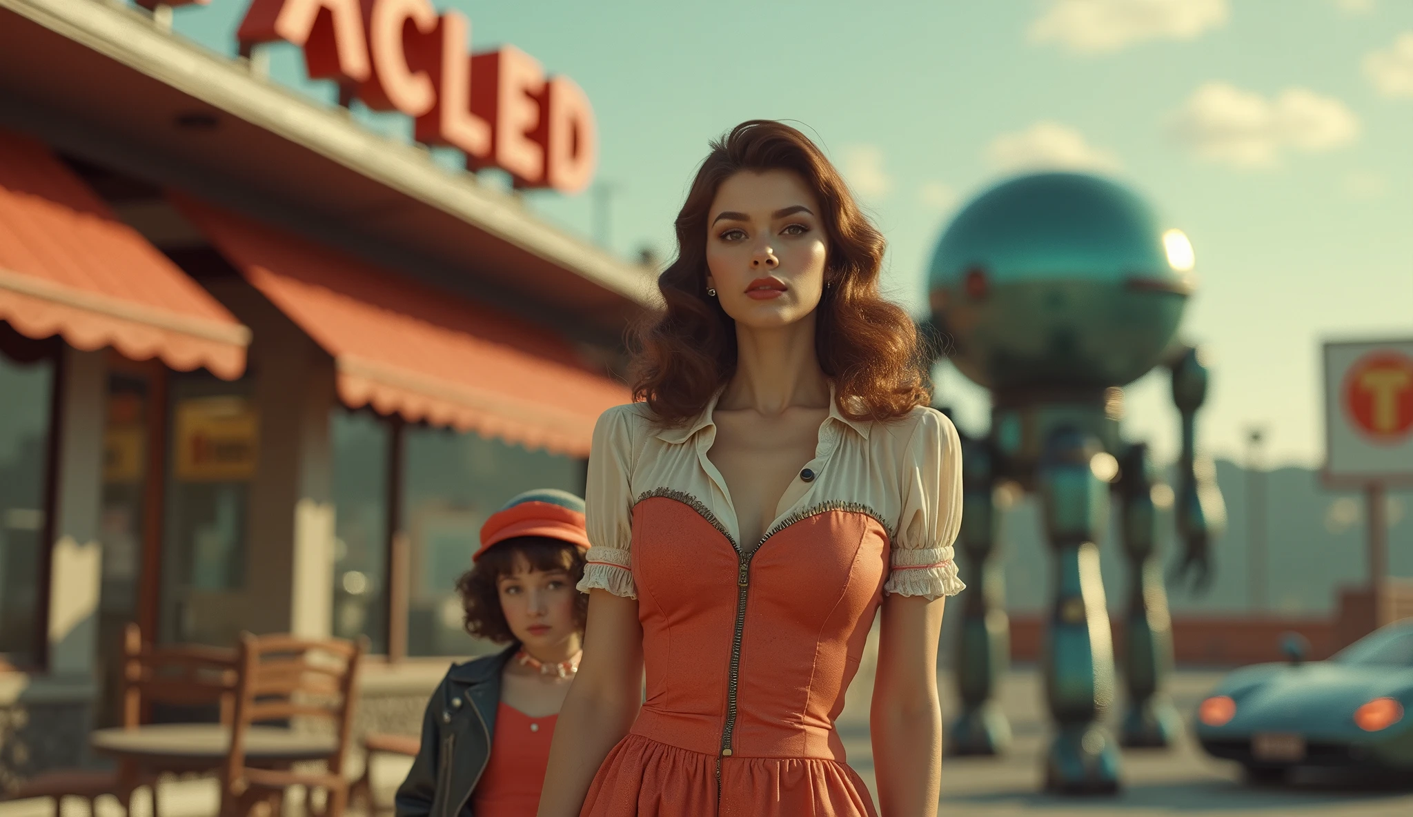 (Masterpiece.UHD.photorealistic analog photography. 1950 style) In a dystopian retro futuristic world. an ultra hot gorgeous European woman.age 23. 1960´s random hairstyle random hair color, voluptuous curvy figure, perfect round cleavage. Full lips. Round Baby face. Huge natural breasts (100 DD size). Wearing 40/50´s clothes. She’s a mom with her daughter in front a mini market. 1930 clunky war evil robots. Shiny flying cars. early morning light.