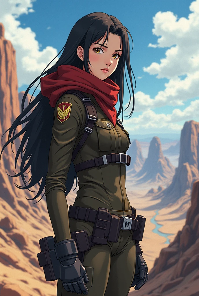 Create an image of an ideal woman for Levi Ackerman from &#39;Shingeki no Kyojin&#39;, taking into account their physical characteristics and personality. Women should be athletic, active and independent, like Levi. Your height should be approximately 1,60 m, with dark skin and long black hair. Your face should be delicate, with hazel eyes.

For the outfit, You must use exactly the same uniform of the Shingeki no Kyojin Scout Legion, like Levi. Create a detailed and anime-like image, in the style of MAPPA in the anime &#39;Shingeki no Kyojin&#39;.