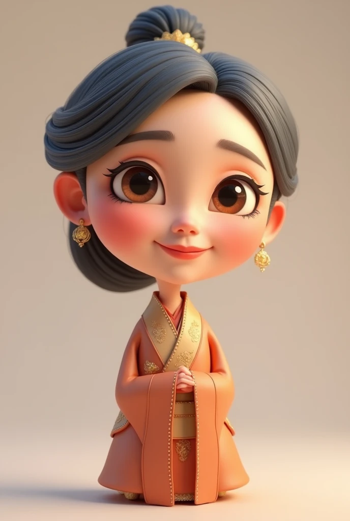 Pixar style image with small brown eyes of 3D character, ORIENTAL WOMAN , gray hair , slickedback hair, at shoulder height , rounded face and body, Disney makeup