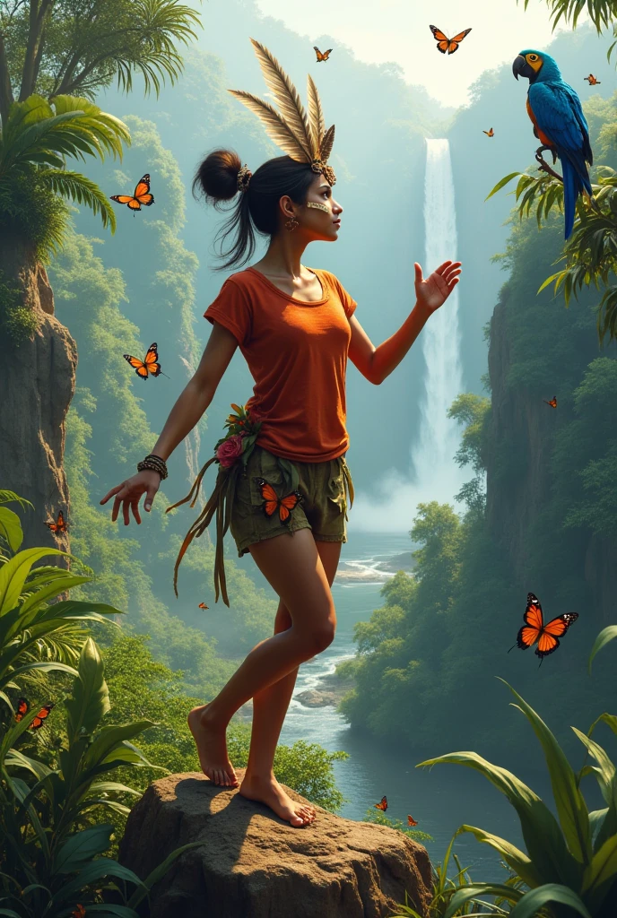 A beautiful Brazilian Indian, indigenous to the Americas, its ethnicity and not African, characterized by simple clothing, an old reddish t-shirt for orange and not pink , face painted like an Indian and a headdress with only 3 feathers, beautiful worked legs, Very realistic, a little dirty with earth, with a very cute and passionate face and an athletic body, short young girl of about , with a blue macaw on a very high peak in the Amazon rainforest from where you can see the river and a waterfall, but the river must run on a plain, The woman must necessarily be facing forward and slightly crouched, performing an athletic movement dancing with butterflies and a little sweaty and standing out, although among tropical bushes of leaves and flowers..