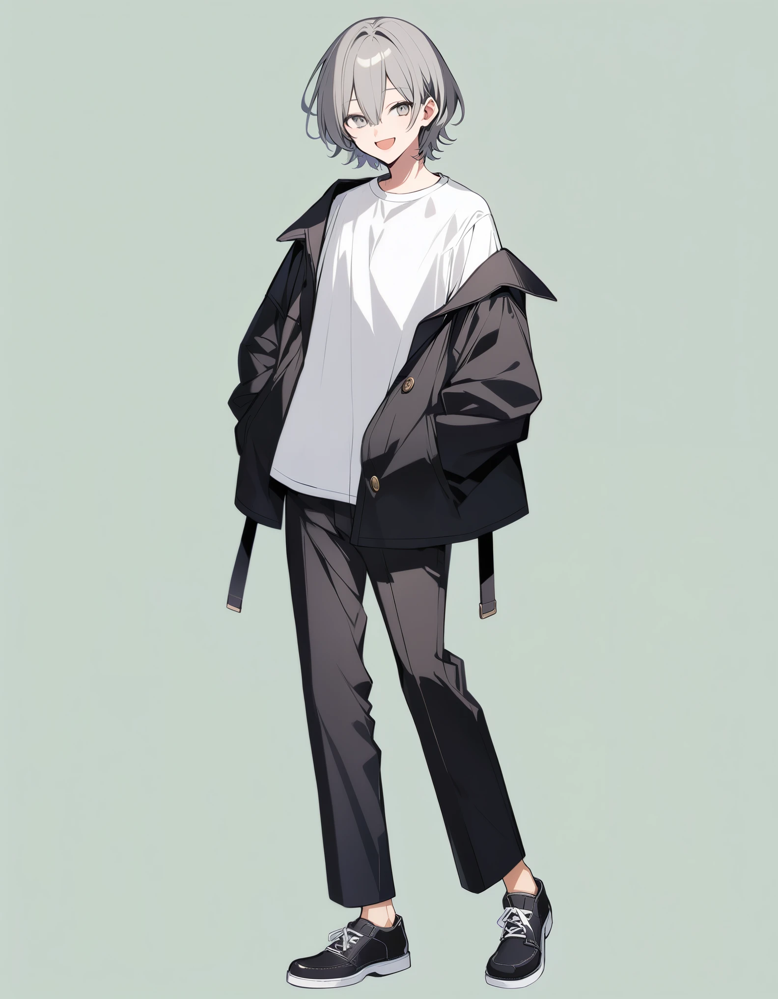 good looking, alone, 1 male, Medium Hair, White eyes, Gray Hair, Black jacket、White shirt, Shirt Out、Black trousers、Bangs between the eyes, shoes、Front view、whole body、No Shadow、Smiling with wide open mouth、Green background