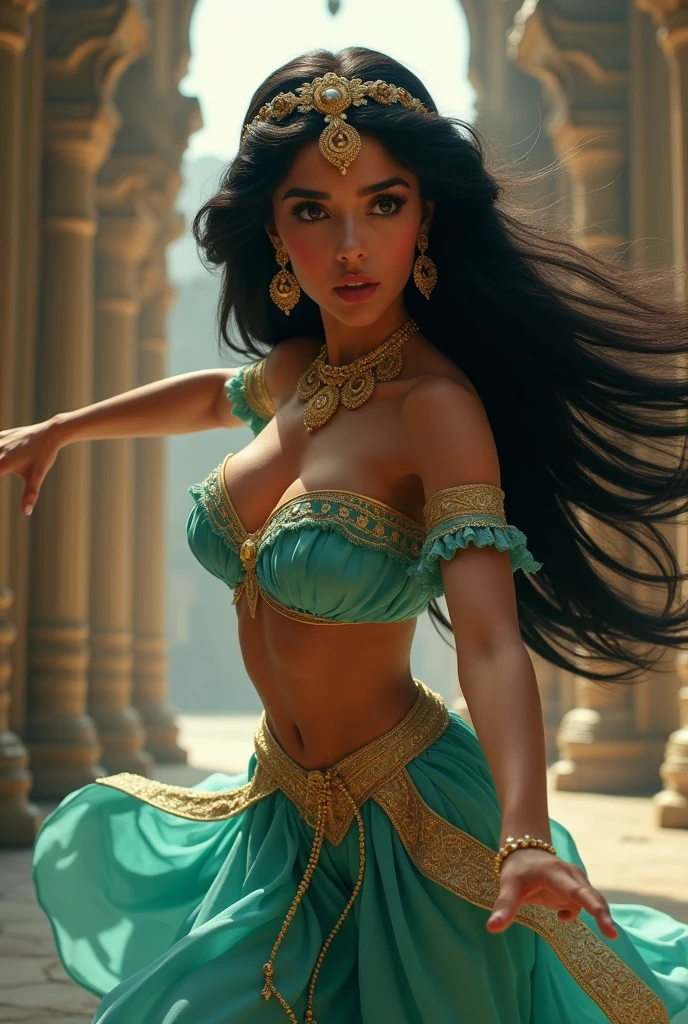 Stunning Princess Jasmine, photo in 8k, in action, cinematic.
