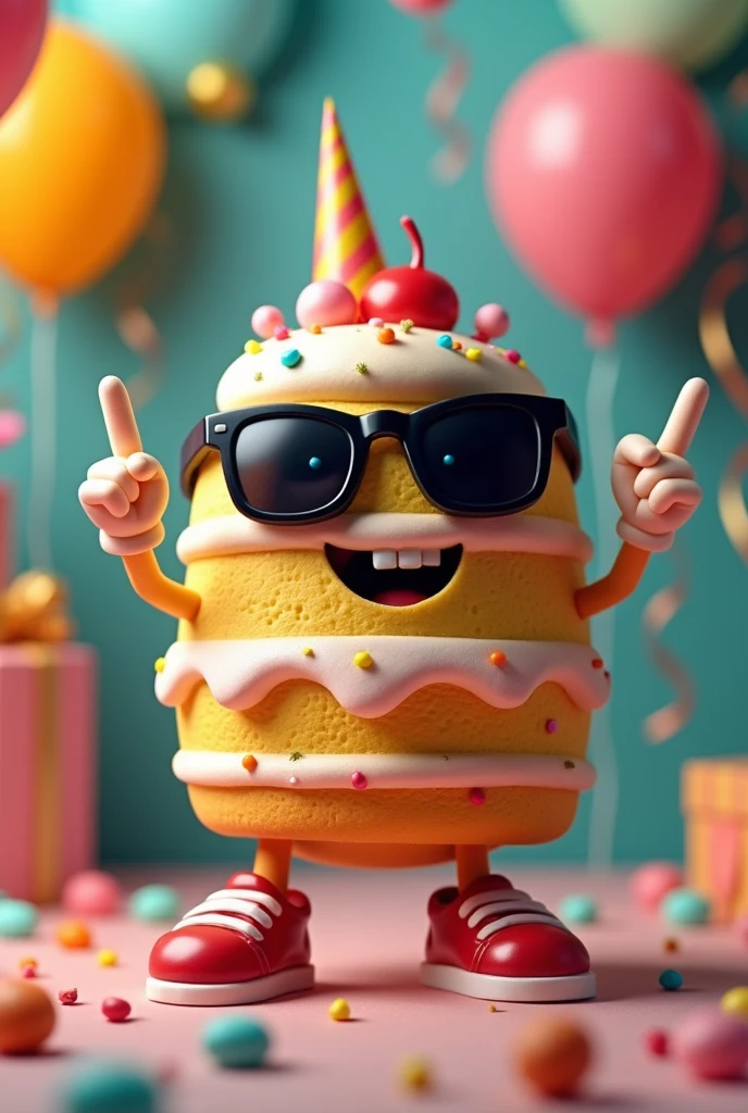 Please make a birthday cake character that has hands and feet and the hands have the rock sign and dark glasses on the head. 
