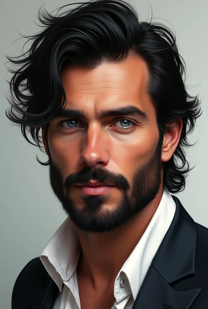 Italian. Handsome, husband and father. Full lips, straight nose, and a finely shaved beard and mustache. Light blue eyes and messy and middle lenght black hair.