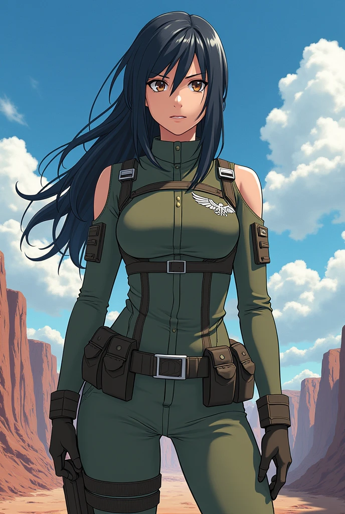 Create an image of an ideal woman for Levi Ackerman from &#39;Shingeki no Kyojin&#39;, taking into account their physical characteristics and personality. Women should be athletic, active and independent, like Levi. Your height should be approximately 1,60 m, with dark skin and long black hair. Your face should be delicate, with hazel eyes.

For the outfit, You must use exactly the same uniform of the Shingeki no Kyojin Scout Legion, like Levi. Create a detailed and anime-like image, in the style of MAPPA in the anime &#39;Shingeki no Kyojin&#39;.