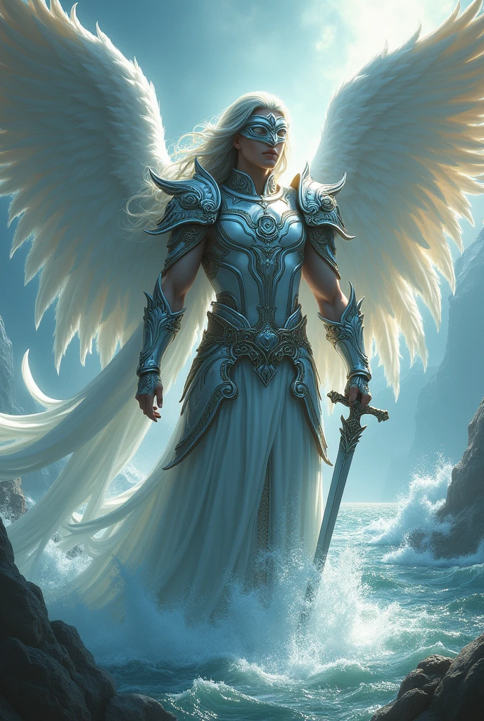 Male angel of the water element, with silver hair, helmet and blindfold armor, and sword