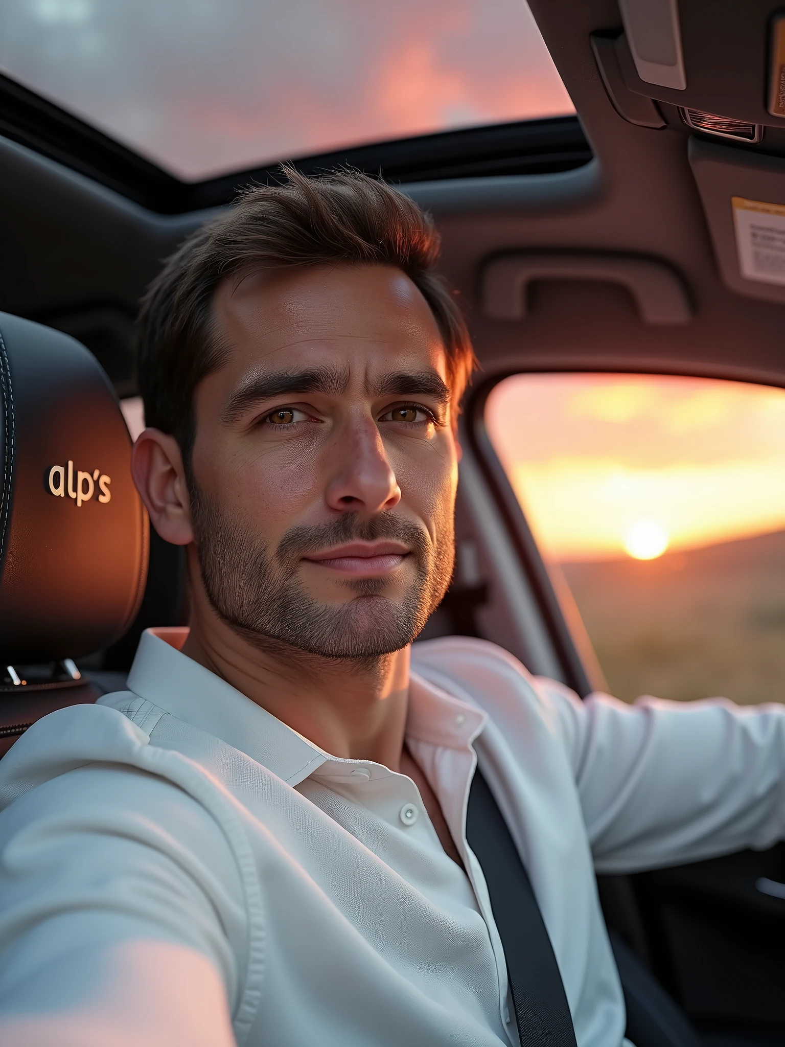 Hyperrealistic selfie of ((André, 1Man, 30 years old)), (realistic, photorealistic:1.37), ((brown hair:0.6)), ((short straight hair)), ((magnificent pair of brown eyes:0.6)), intricate details, perfect muscular body structure, clear sun-kissed skin, wearing a modern sophisticated white linen long-sleeve shirt and a modern sophisticated watch. 3/4 angle (45 degrees) camera view. Calm expression expressing deep gratitude. Holding cellphone with left hand for a side-pose selfie. Focus on André through the selfie, panoramic sunroof, sports seat with synthetic leather and embroidered "ALP" initials on headrest, and passenger side door. Natural light with magnificent pink-orange sunset. External environment.  Infinity"